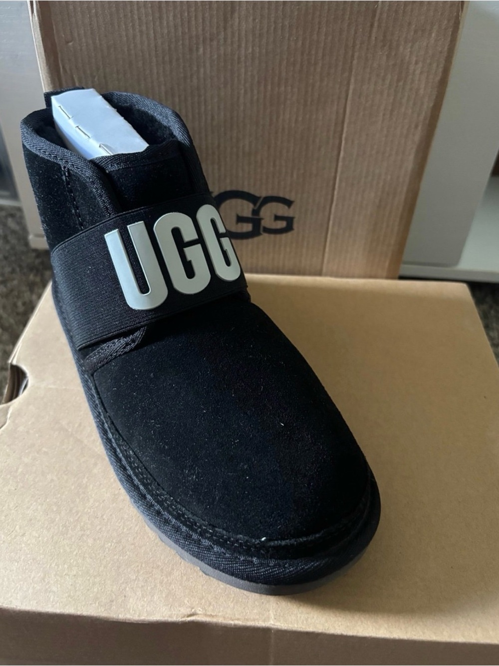 UGG Kids Black Suede Slip-On Boot with Logo Strap